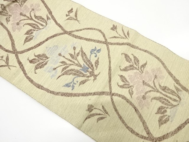 JAPANESE KIMONO / ANTIQUE NAGOYA OBI / SILK / WOVEN WAVY STRIPE & FLOWER